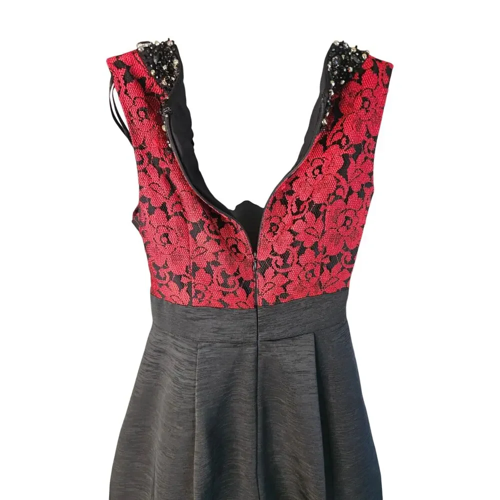 Eliza J Sz 4P Red/Blk Floral Dress Beaded Collar Lace Fit and Flare - Picture 4 of 13